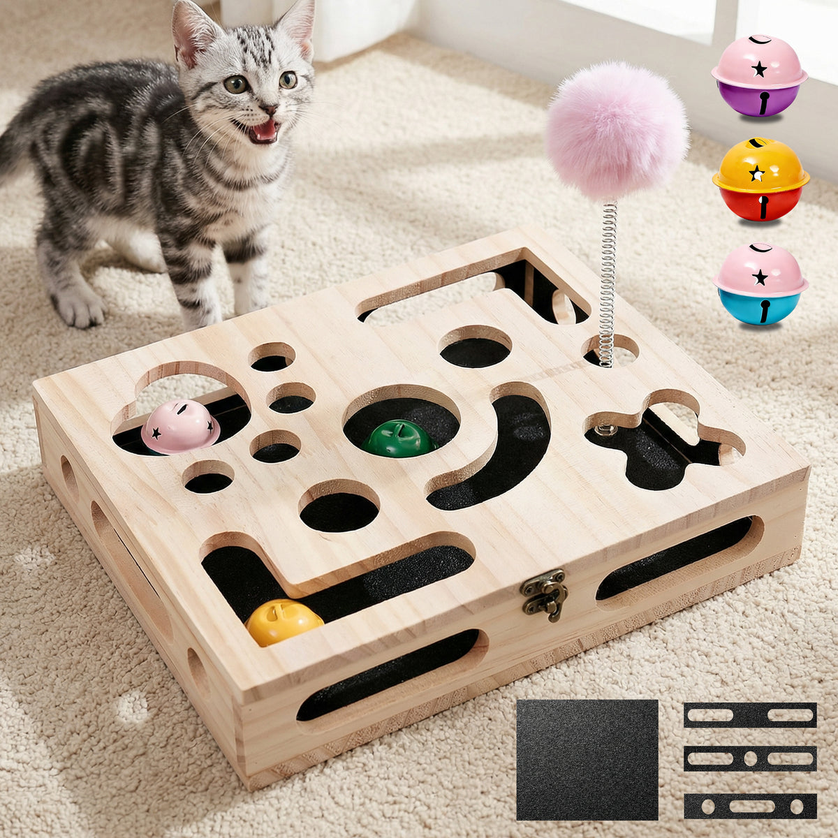 Cat Nail File Enrichment Box, Wood Puzzle Scratcher Toy with Sandpaper