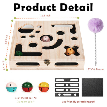 Cat Nail File Enrichment Box, Wood Puzzle Scratcher Toy with Sandpaper