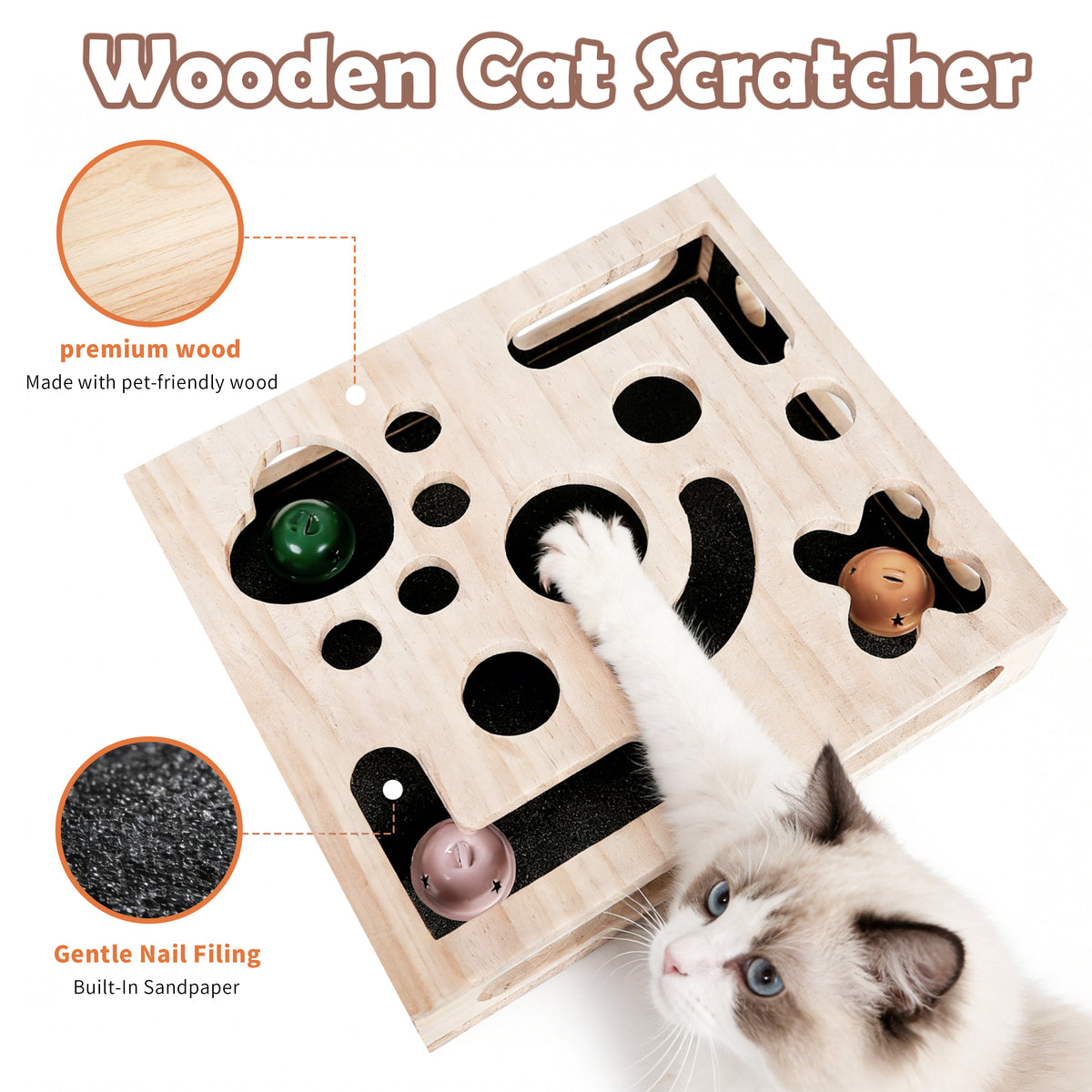 Cat Nail File Enrichment Box, Wood Puzzle Scratcher Toy with Sandpaper