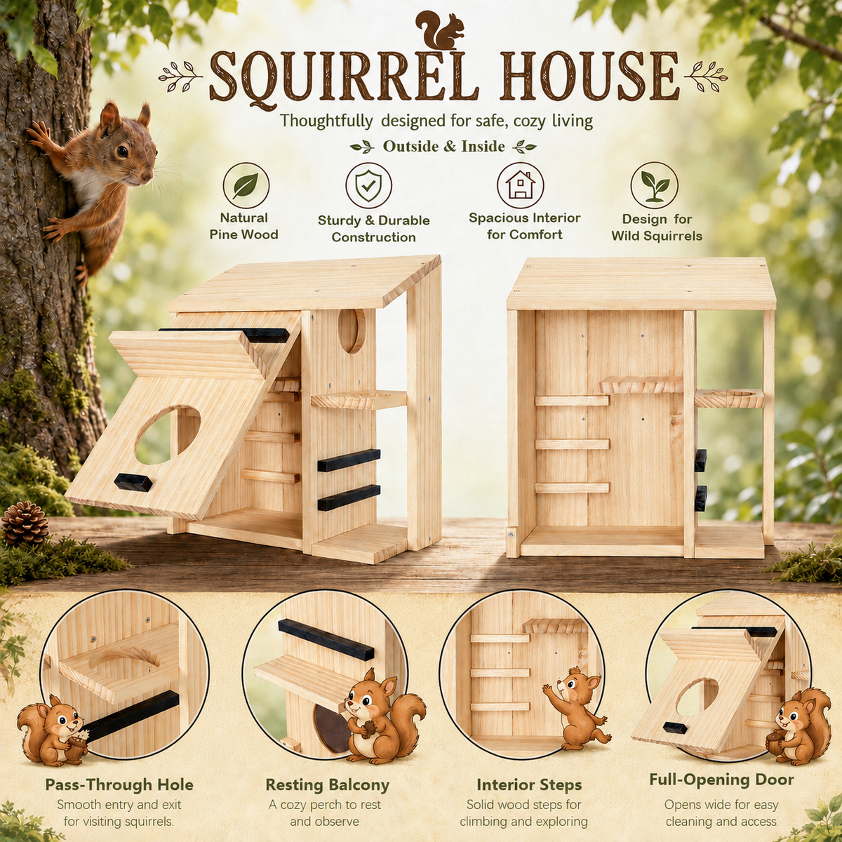 Large Wooden Squirrel House for Outside, Squirrel Nesting Box Pro