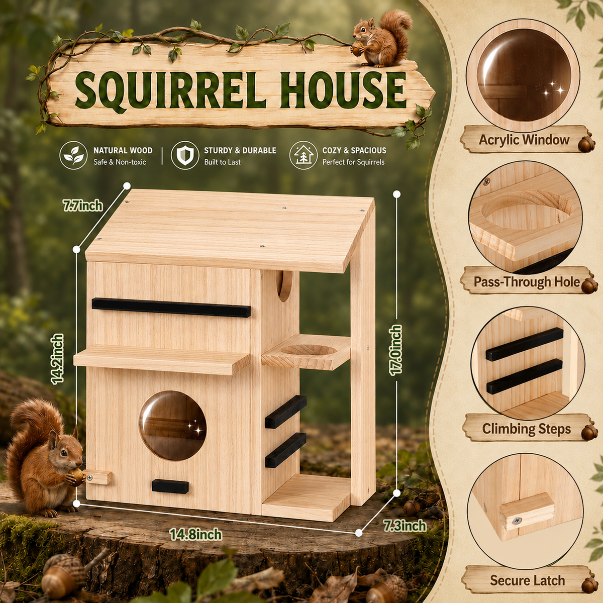 Large Wooden Squirrel House for Outside, Squirrel Nesting Box Pro