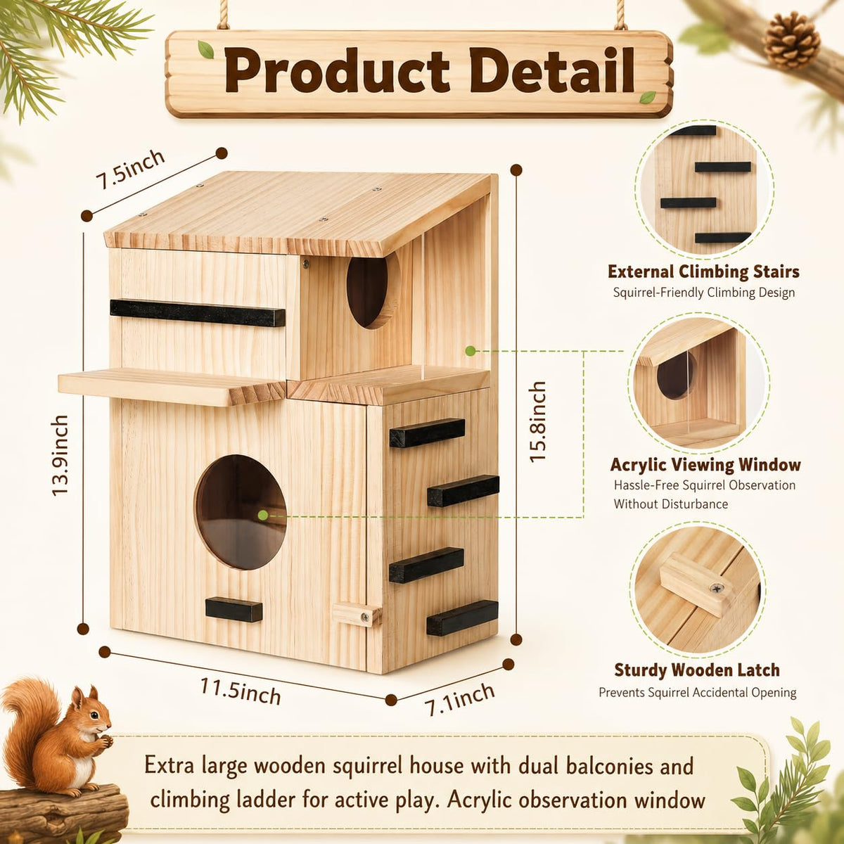Large Wooden Squirrel House for Outside, Squirrel Nesting Box