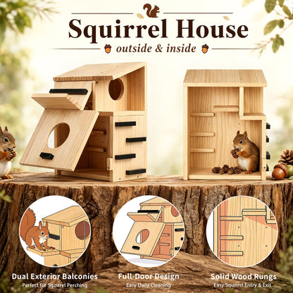Large Wooden Squirrel House for Outside, Squirrel Nesting Box